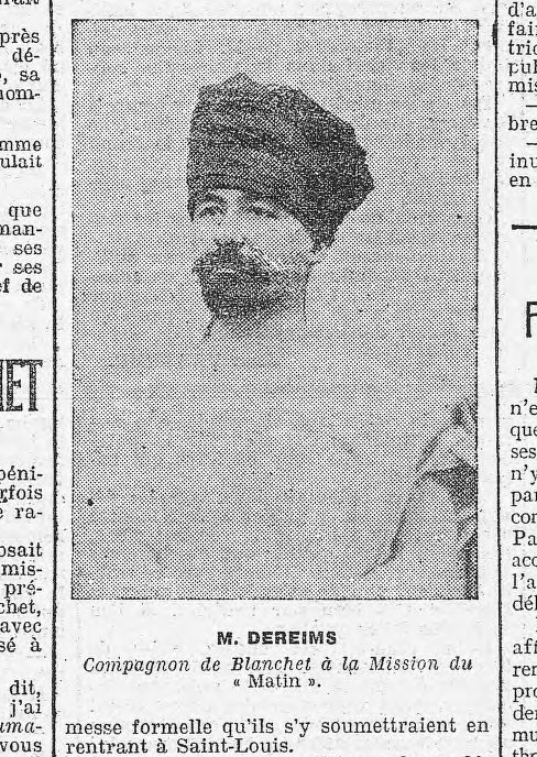 صورة دريمس وهو أحد رهائن بعثة بلانشيه نقلا عن أرشيف صحيفة ليمانيتيه (L'Humanité) الفرنسية ديسمبر 1907